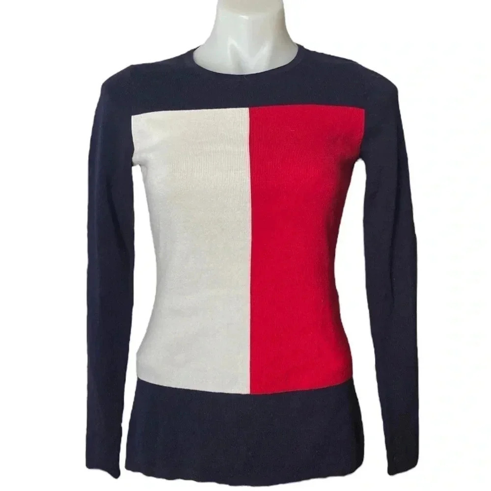 TOMMY HILFIGER | Vintage 90’s Flag Colorblock 100% Cotton Knit Sweater Size S - Picture 3 of 6